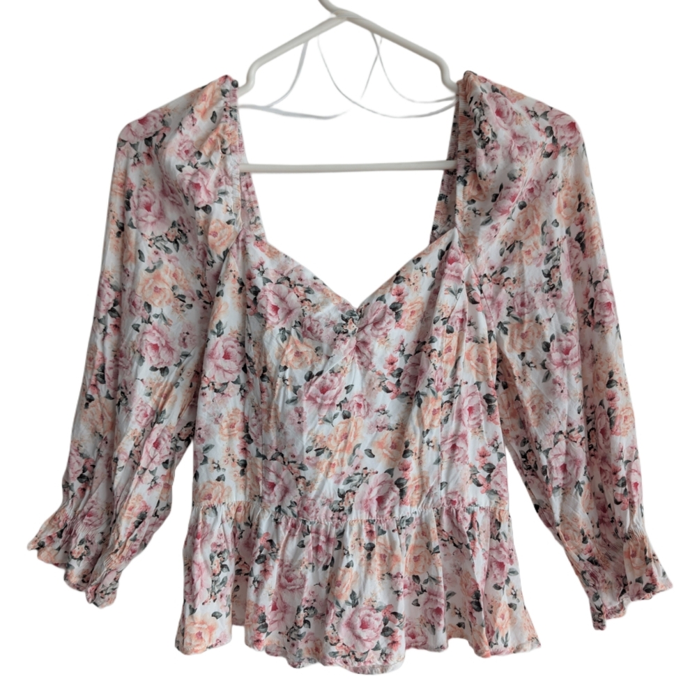 Miami Women's Small Pink Floral Puff Sleeve Tie Bacl Sweetheart Neck Top